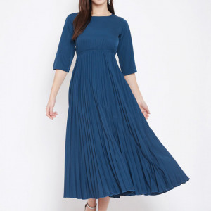 Navy Blue Accordian Pleated Fit & Flare Dress