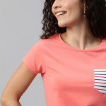 Women Coral Pink Solid Round Neck T-shirt with Contrast Pocket