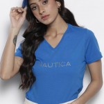 Women Blue Brand Logo V-Neck Pure Cotton T-shirt