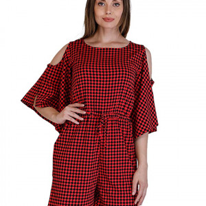 Women Printed Red & Black Cold Shoulder Playsuit