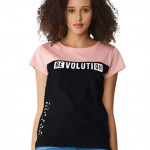 Printed Women Round Neck Pink, Black T-Shirt