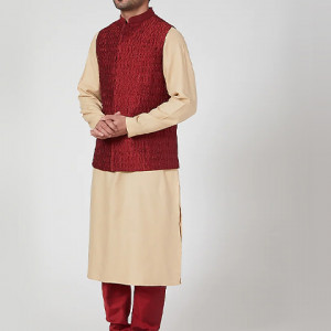 Red Pintucked Jodhpuri Jacket