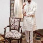 Dua Men White & Gold Toned Woven Design Jashn Kurta with Pyjamas