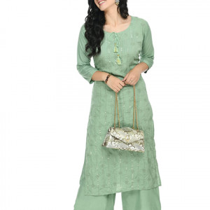 Women Green Cotton Kurti Pant Set