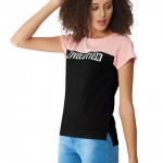 Printed Women Round Neck Pink, Black T-Shirt