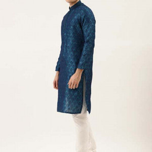 Men Blue & White Self Design Kurta with Churidar