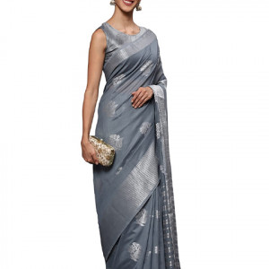 Women's Tissue Silk Silver Saree With Blouse Piece