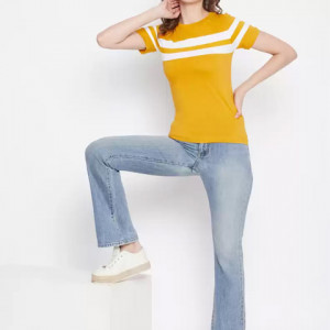 Striped Women Round Neck Yellow T-Shirt