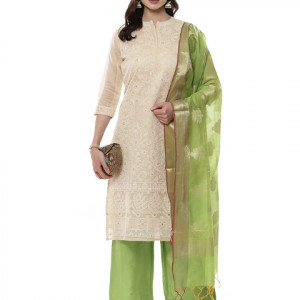 Women's Ethnic Beige Cotton Unstitched Suit Set