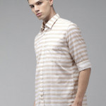 Men Beige & White Original Slim Fit Striped Pure Cotton Casual Shirt