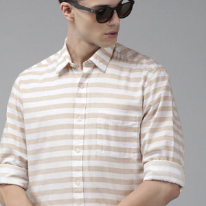 Men Beige & White Original Slim Fit Striped Pure Cotton Casual Shirt