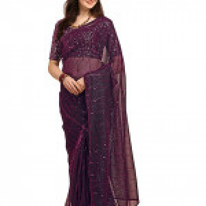 Embellished net purple saree with unstitched sequins and velvet blouse