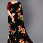 Saree in black pure Georgette with floral print