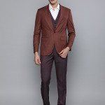 Men Brown Checked Slim Fit Single-Breasted Party Suit