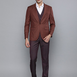Men Brown Checked Slim Fit Single-Breasted Party Suit