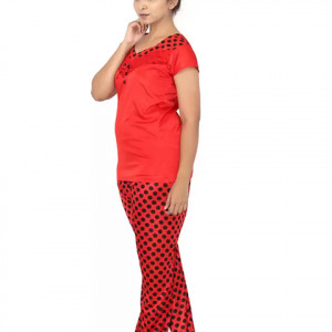 Women Polka Print Red Top & Pyjama Set