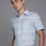 Men Blue And White Classic Tropical Printed Cotton Linen Casual Shirt