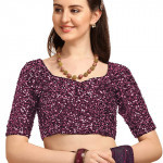 Embellished net purple saree with unstitched sequins and velvet blouse