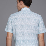 Men Blue And White Classic Tropical Printed Cotton Linen Casual Shirt