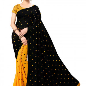 Polka Print Daily Wear Georgette Saree  (Yellow, Black)