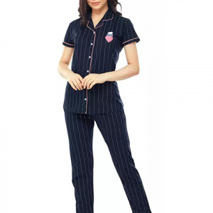 Women Striped Blue Shirt & Pyjama set