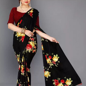 Saree in black pure Georgette with floral print