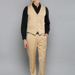 Men Beige and Red Self Checked Slim Fit Single-Breasted Party Suit